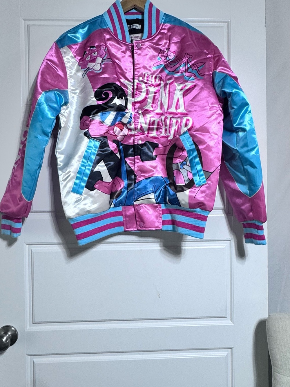 NWOT Pink Panther Satin Bomber Jacket - Pink & Blue
